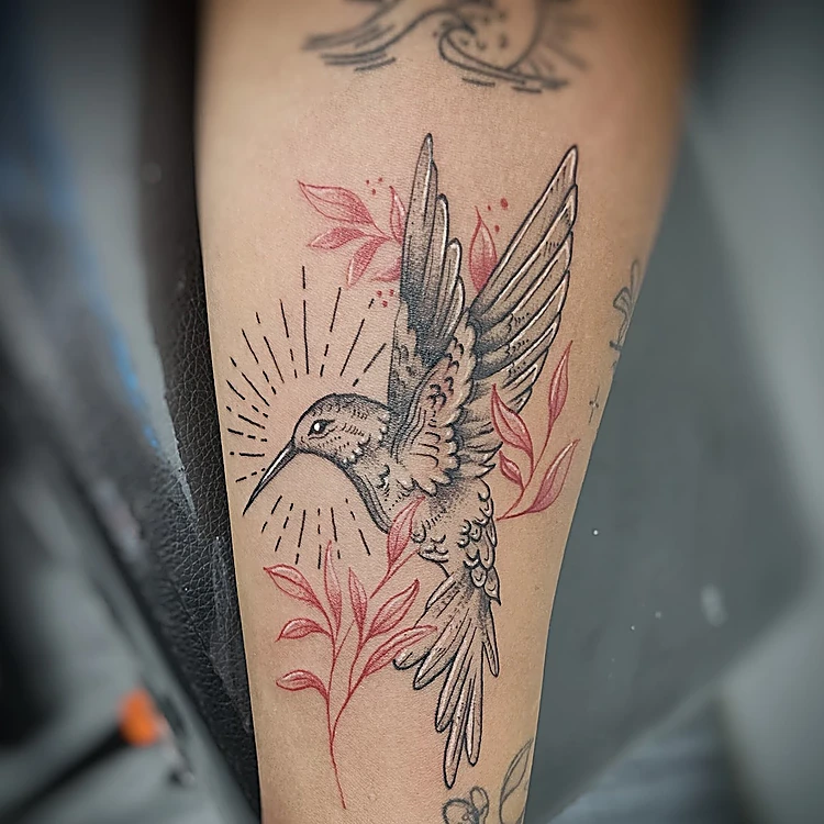 Colibrí en negro y gris con hojas en línea roja y rayos de luz, tatuado en el antebrazo