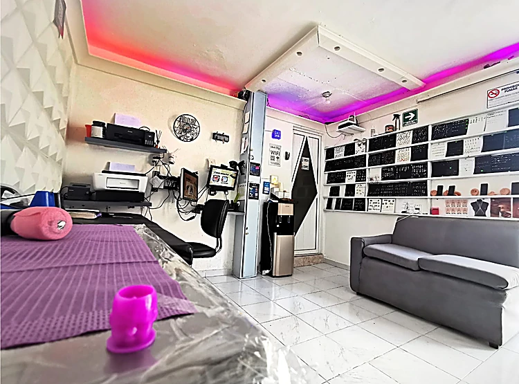 Sala del estudio: camilla con funda morada, sillón gris, escritorio y pared de tableros negros, bajo una luz magenta en el techo